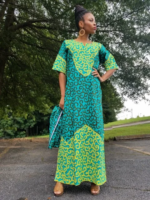 Tiered Dresses for Voluminous -Dupsie's Exclusive Embroidered Green African Print Dress-DPX331