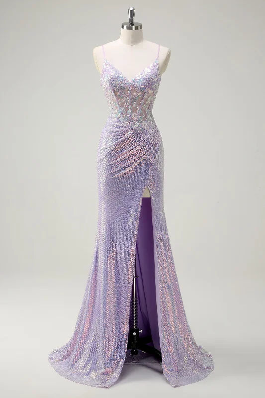 Printed Dresses with Patterns -Sparkly Corset Lilac Mermaid Spaghetti Straps Prom Dress with Slit