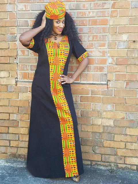 Sundress Dresses for Sunny -Black cotton dress with Kente trim-DP3227BP1