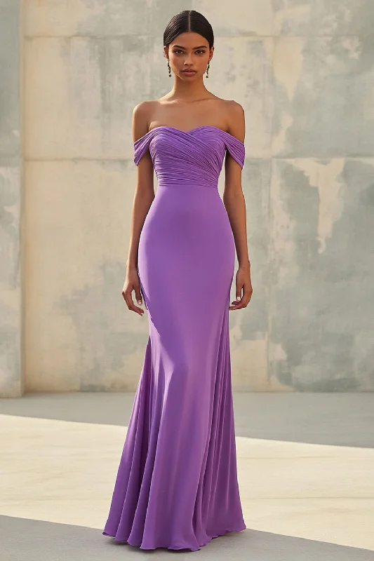 Ball Gown Dresses for Glamour -Mermaid Off Shoulder Purple Chiffon Long Formal Dress