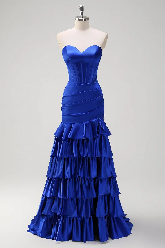 Abstract Dresses for Creative -Royal Blue Mermaid Strapless Corset Tiered Prom Dress