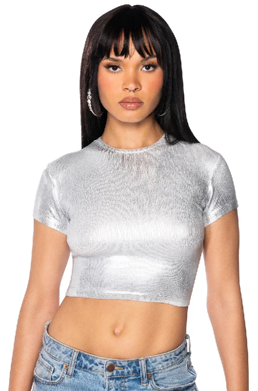 Formal Blouses for Business -ARIES METALLIC RIB SHORT SLEEVE T SHIRT IN WHITE