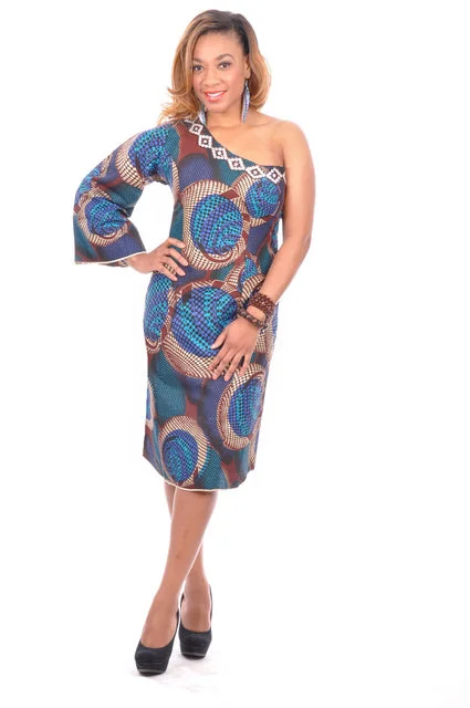 Orange Dresses for Energetic -Royal Blue, Brown and Beige African Print Mono Sleeve Dress