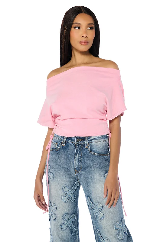 Linen Shirts for Breathable -CRAZY IN LOVE SHORT SLEEVE OFF THE SHOULDER TSHIRT IN PINK