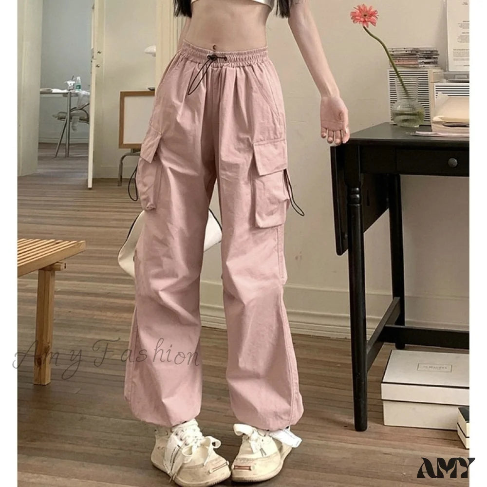 Cargo Pants with Side Stripe Design -Amy Fashion - Casual Baggy Straight Wide Leg Pockets Joggers Trousers