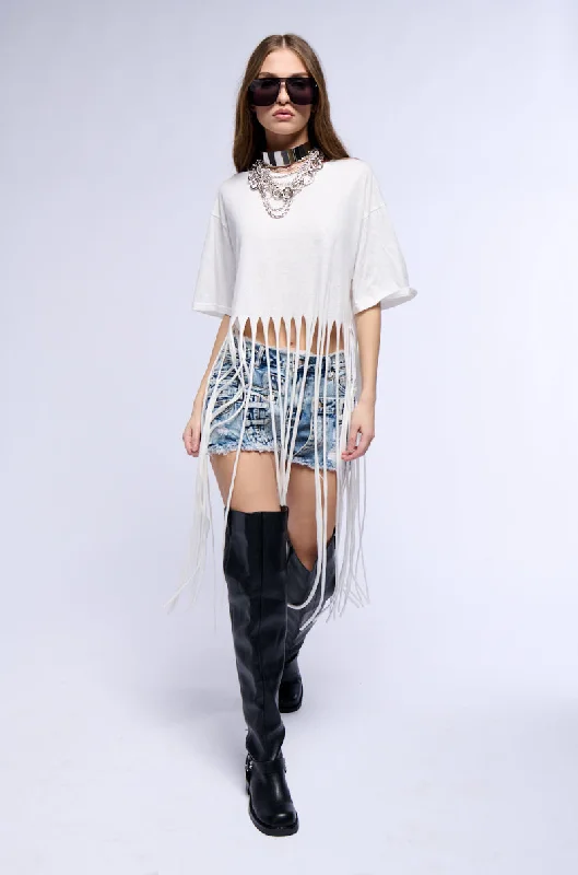 Solid Color Blouses for Simple -BRING THE FUN FRINGE T SHIRT IN WHITE