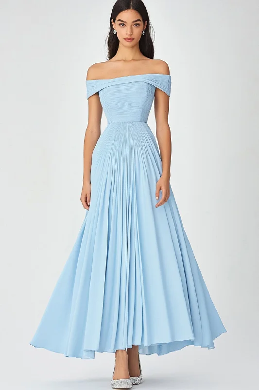 Shift Dresses for Simple Look -Off  the Shoulder Sky Blue A Line Ruched Chiffon Formal Dress