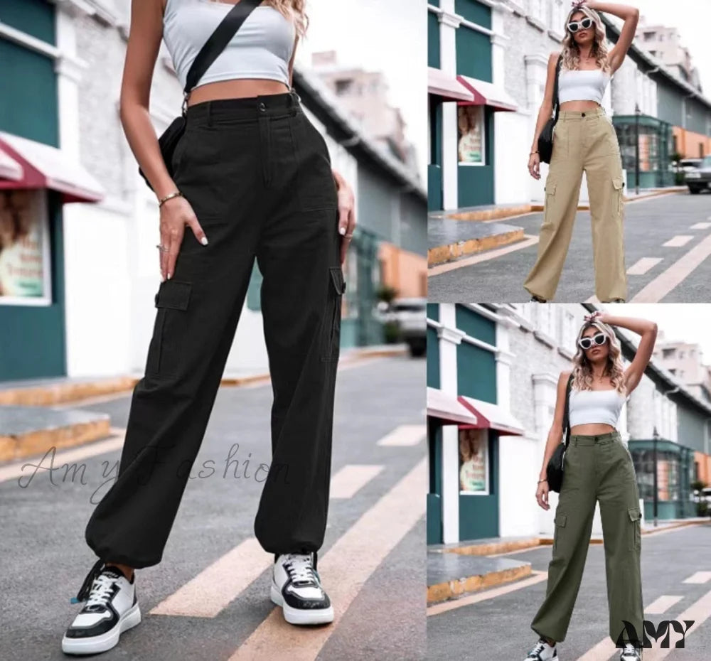 Cargo Pants with Cargo Pockets for Party -Amy Fashion - quick sell European and American women's trousers