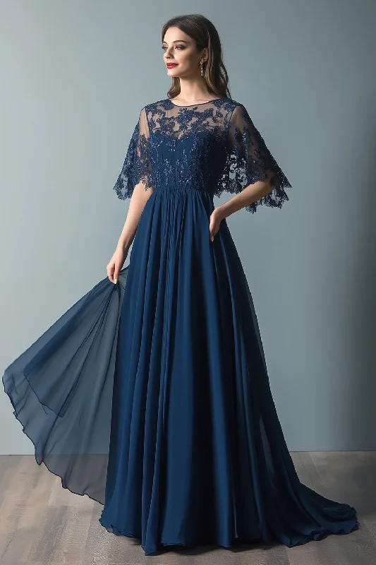 Wool Dresses for Warmth -Lace Navy Scoop Neck Ruched A Line Flare Sleeves Mother of The Bride Dress