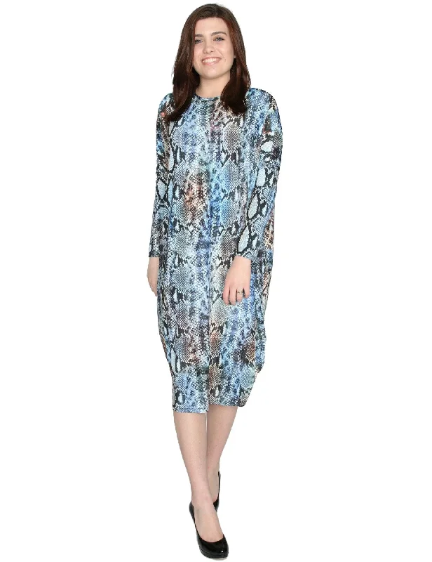 Sleeveless Dresses for Coolness -Women's Blue Snake Skin Printed Comfy Cover-Up Midi Dress