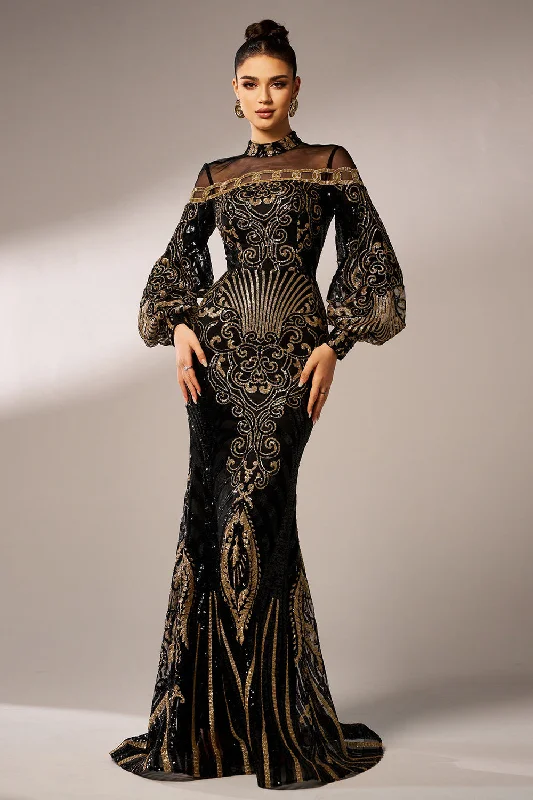 One-shoulder Dresses for Trendy -Sparkly Mermaid Long Sleeves High Neck Sequins Long Prom Dress