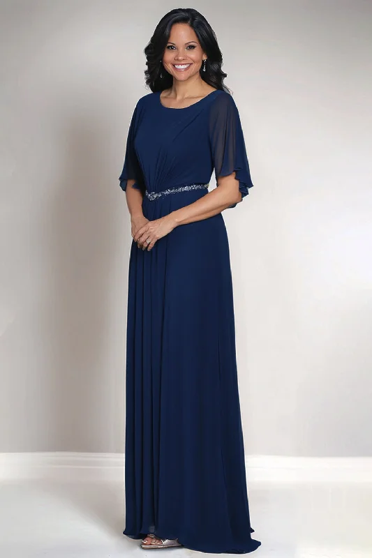 Tie-up Dresses for Decorative -Navy Round Neck Chiffon Mother of the Bride Dress with Short Sleeves