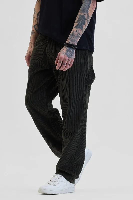 Cargo Pants with Cargo Pockets for Athletes -Dark Green Corduroy Relaxed Fit Cargo Pants