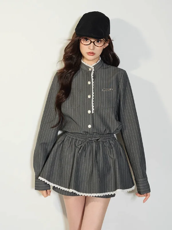 Magnetic Closure Blouses for Easy -Gray striped long sleeve shirt & short collar skirt QDQ0071