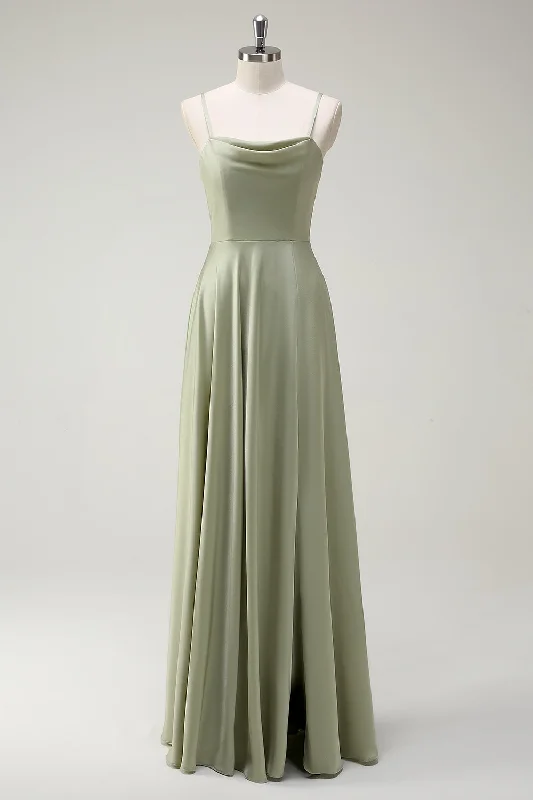 Gray Dresses for Subtle -Dusty Sage A Line Satin Spaghetti Straps Long Bridesmaid Dress