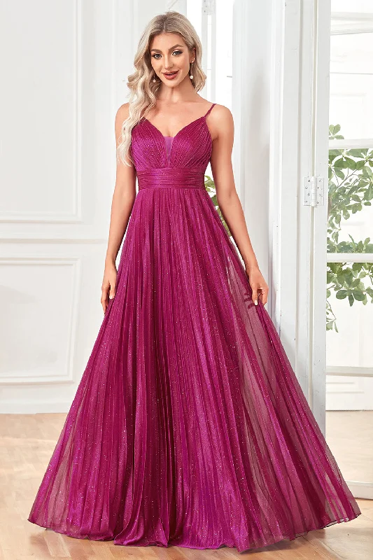 Work Dresses for Professional -Sparkly Fuchsia A-Line Spaghetti Straps Pleated Long Formal Dress