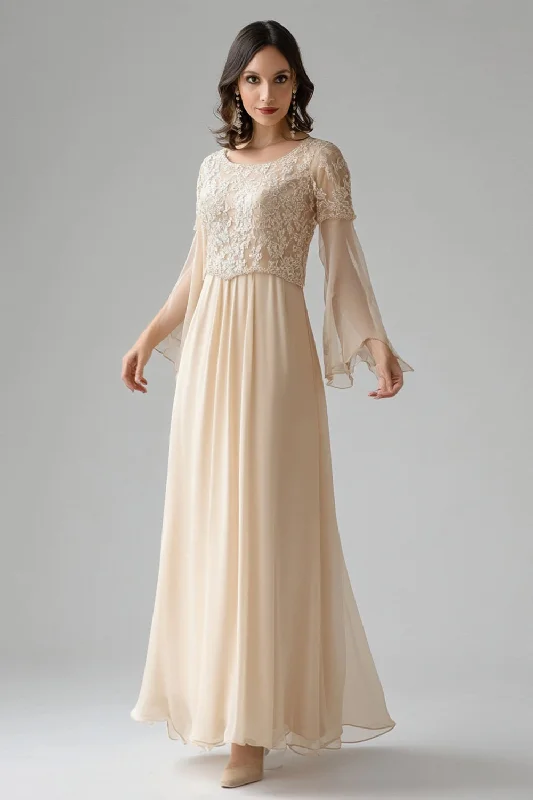 Satin Dresses for Shiny Look -Apricot Lace Flare Sleeves Chiffon Scoop Neck Mother of The Bride Dress