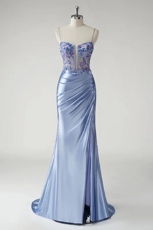 Rhinestone Dresses for Bling -Sparkly Blue Mermaid Satin Floral Long Prom Dress with Slit