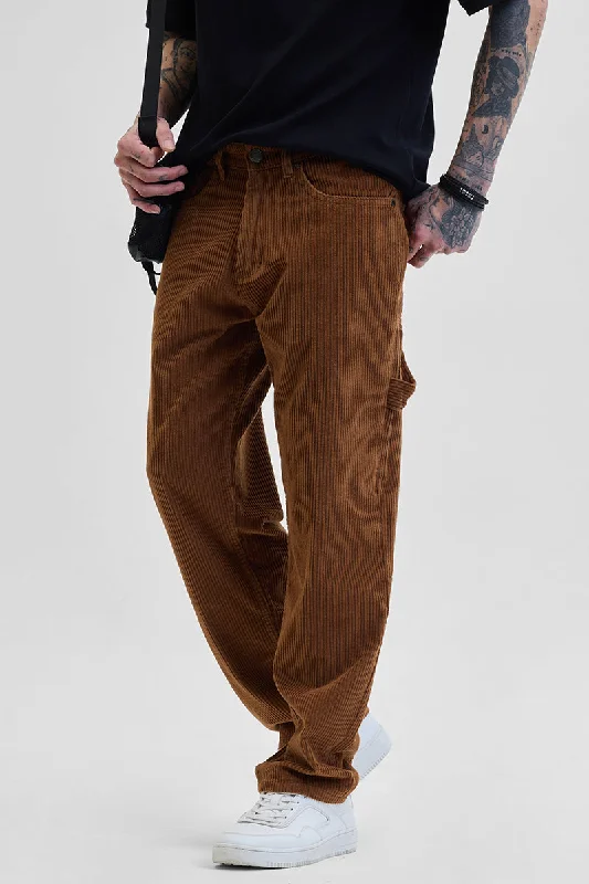 Cargo Pants with Cargo Pockets for Professional Sports -Brown Corduroy Relaxed Fit Cargo Pants