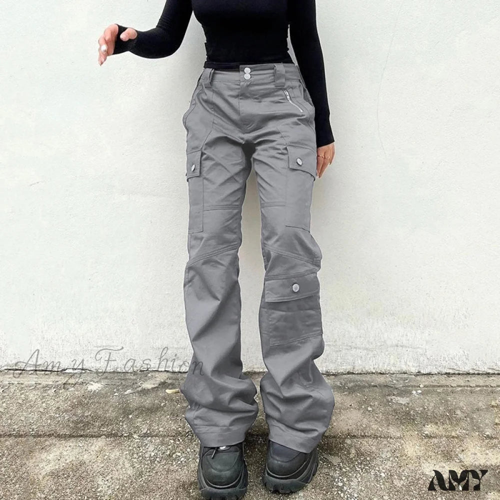 Cargo Pants with Cargo Pockets for Snowboarding -Amy Fashion - Gray Casual Stitched Pocket Cargo Pants