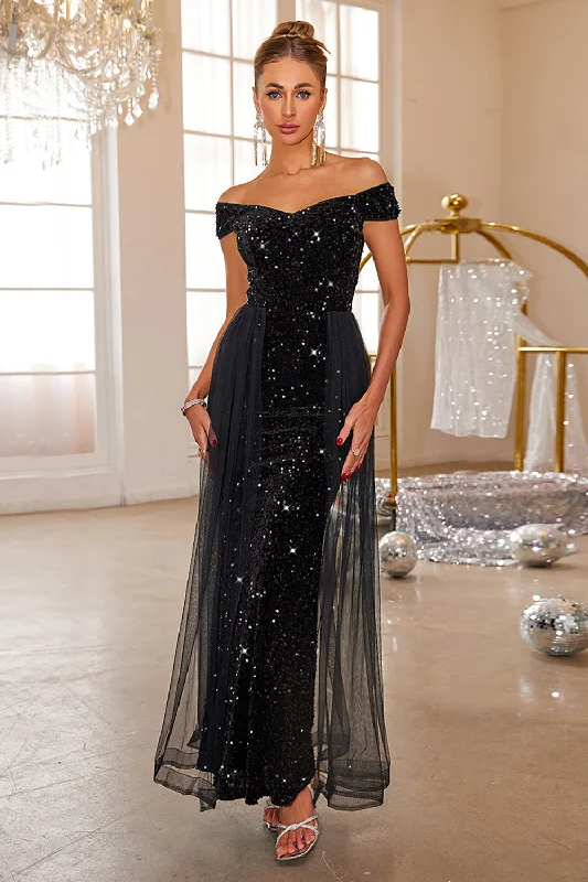 Bridesmaid Dresses for Ceremony -Black Mermaid Off The Shoulder Sequin Long Prom Dress With Tulle