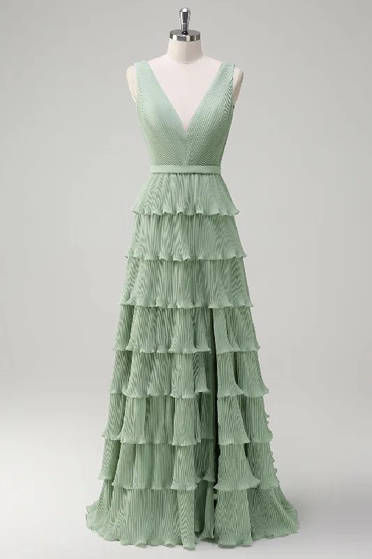 Green Dresses for Nature -Dusty Sage A Line V-Neck Chiffon Ruffled Tiered Bridesmaid Dress