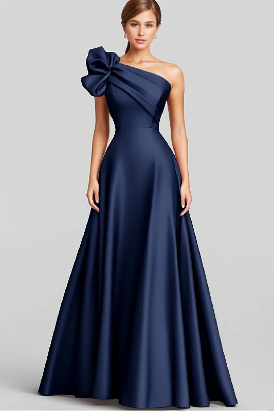 Satin Dresses for Shiny Look -Navy A-Line Ruffled One Shoulder Satin Long Formal Dress