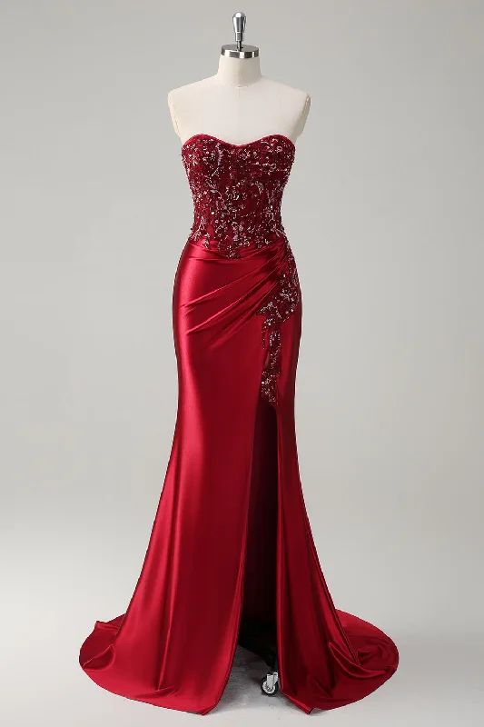 Valentine's Day Dresses for Romance -Mermaid Burgundy Strapless Sequin Long Prom Dress with Beading