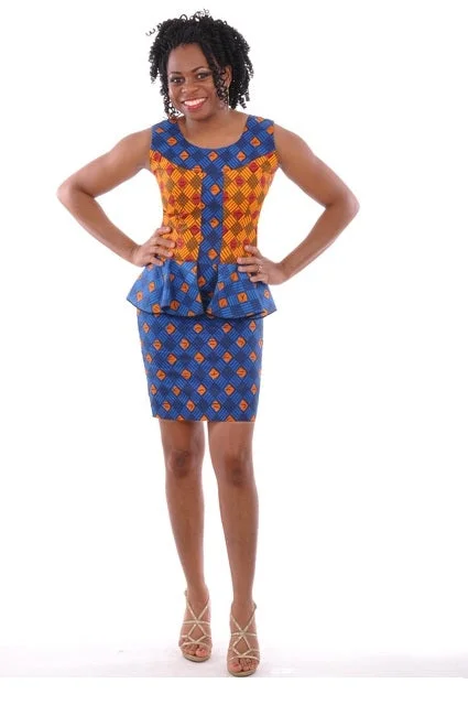 Sheath Dresses for Sophisticated -Trendy Royal Blue Orange African Print Dress with Flare-DP3034