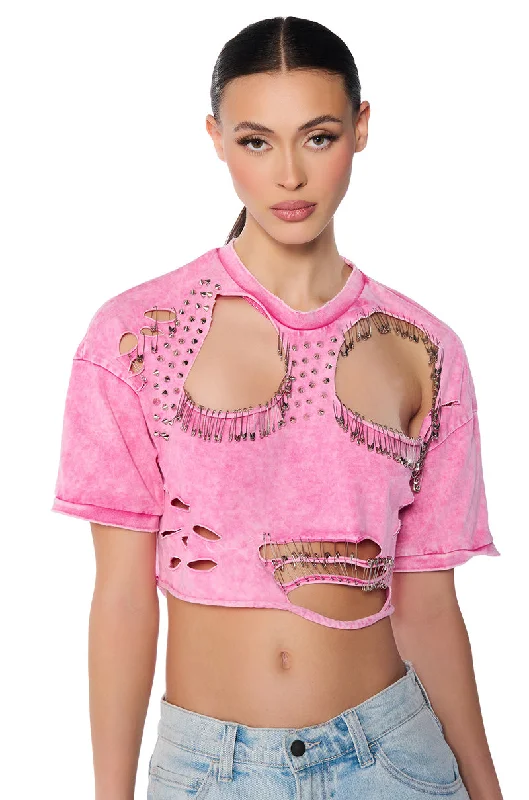 Embroidered Blouses for Detail -SID DISTRESSED STUDDED SHORT SLEEVE T SHIRT