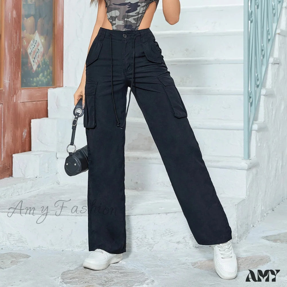 Cargo Pants with Cargo Pockets for Business -Amy Fashion - Multiple Pockets Straight Wide Leg Trousers