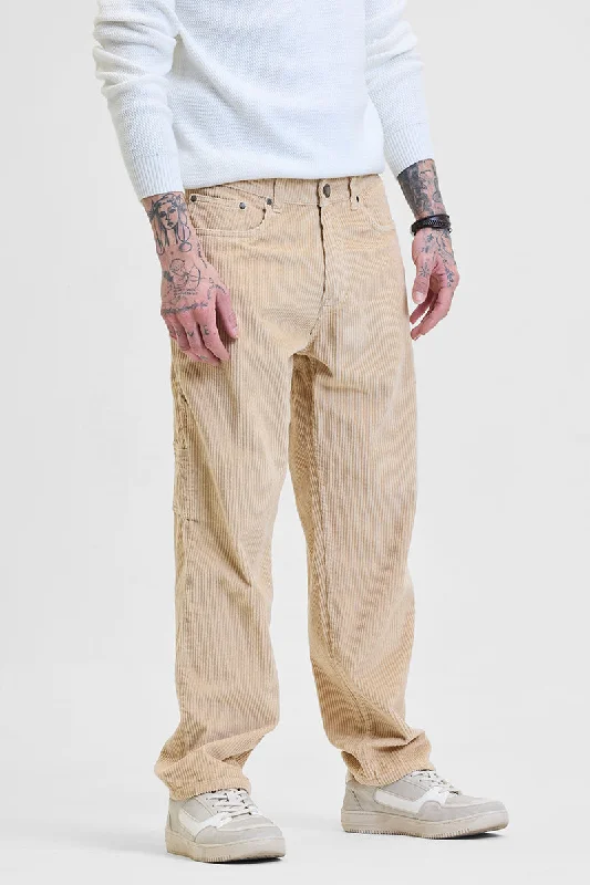 Cargo Pants with Cargo Pockets for Olympians -Beige Corduroy Relaxed Fit Cargo Pants