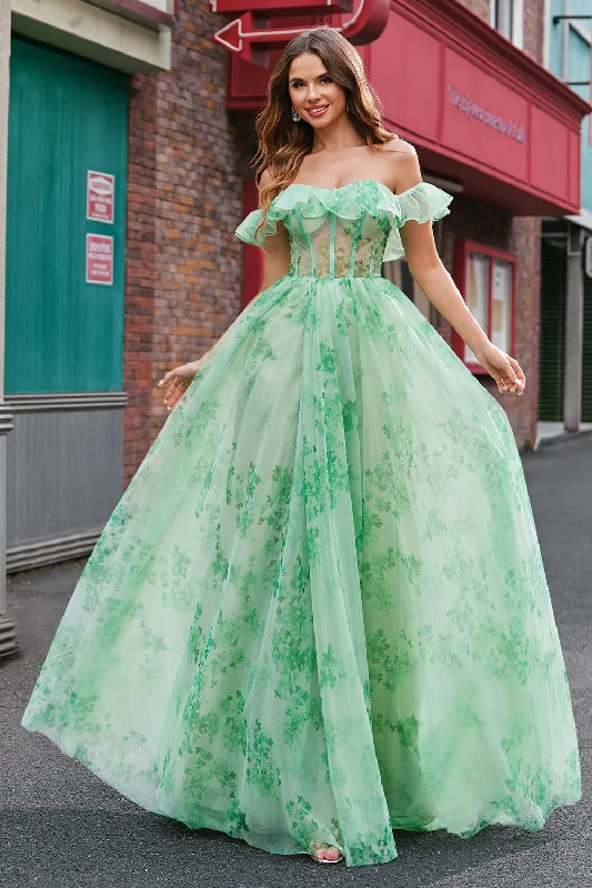 African Dresses with Culture -Floral A Line Off The Shoulder Corset Long Green Prom Dress