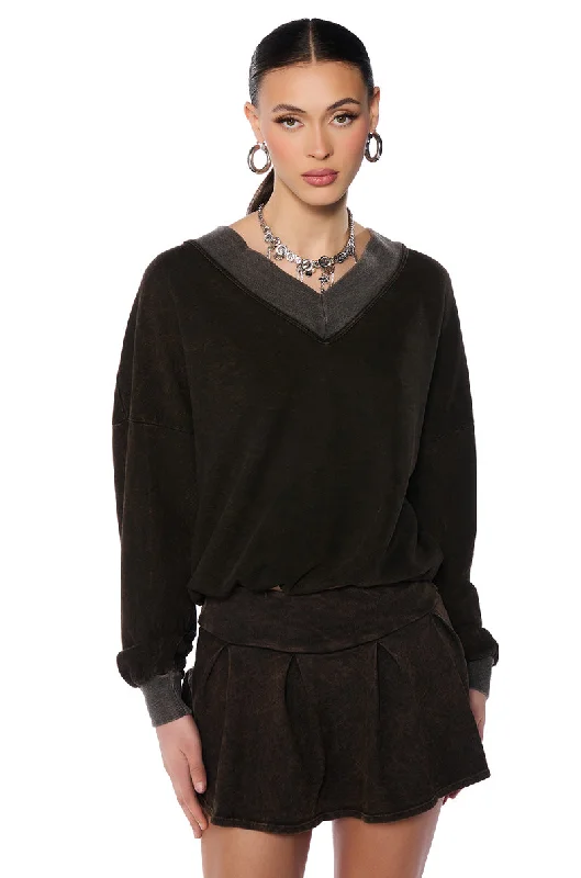 Chiffon Blouses for Feminine -KAYLANI V NECK SWEATSHIRT IN CHARCOAL GREY