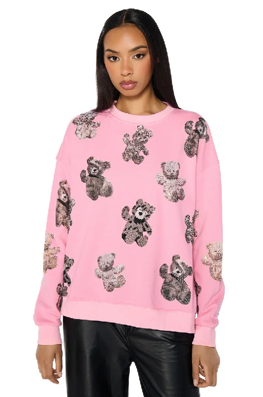 Nursing Blouses for Mothers -PINK BABY BEAR CREW NECK EMBELLISHED SWEATSHIRT