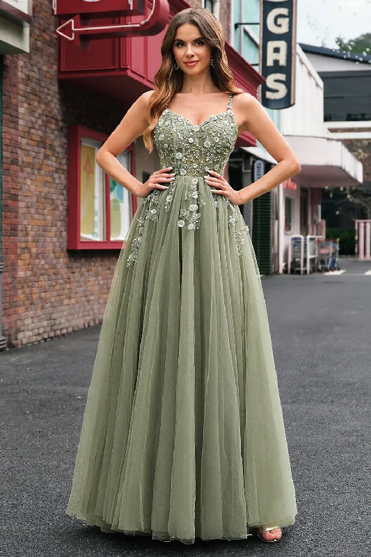 Fashionable Dresses for Style -Green A Line Corset Sequin Tulle Long Prom Dress with Lace Up Back