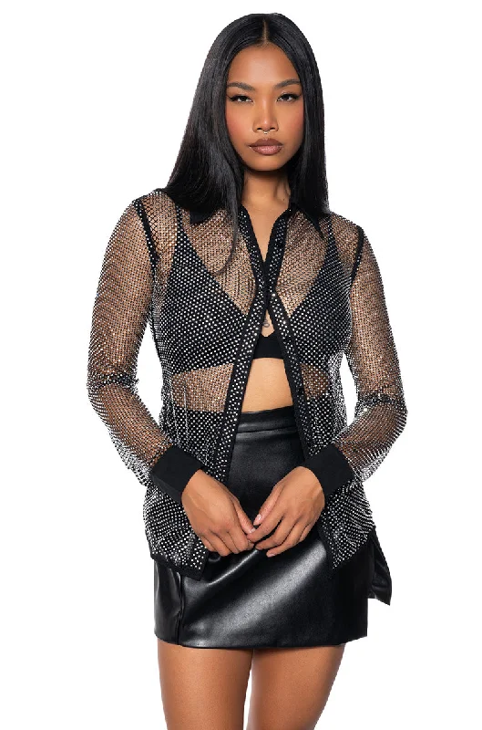 Pleated Blouses for Texture -RHINESTONE MESH BUTTON DOWN SHIRT IN BLACK