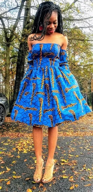 Tie-up Dresses for Decorative -Blue and Orange African Print Ankara Dress-DP3978D