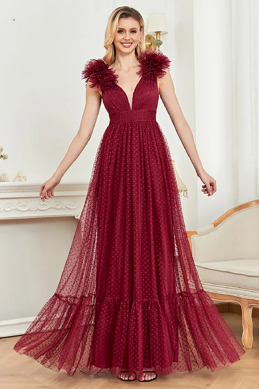 Office Dresses for Business -Burgundy A Line V Neck Sleeveless Tulle Prom Dress