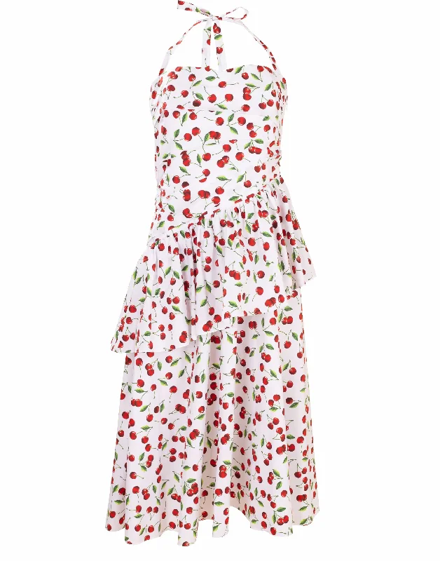 Embroidered Dresses for Detailed -Cherry Print Ruched Peplum Halter Dress