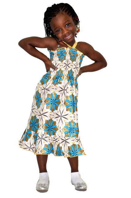 Cotton Dresses for Comfort -Blue, White and Gold Halter African print dress for Girls