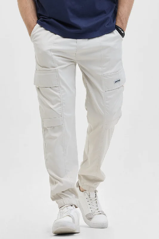 Cargo Pants with Elastic Waistband for Comfort -Cream Slim Fit Cargo