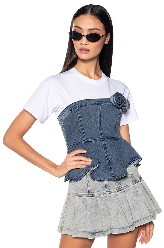 Sheer Blouses for Alluring -BREATHE ME IN DENIM CORSET TSHIRT