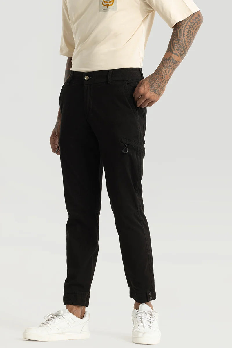 Cargo Pants with Cargo Pockets for Daily Use -Enchant Black Plain Slim Fit Cargo Pants