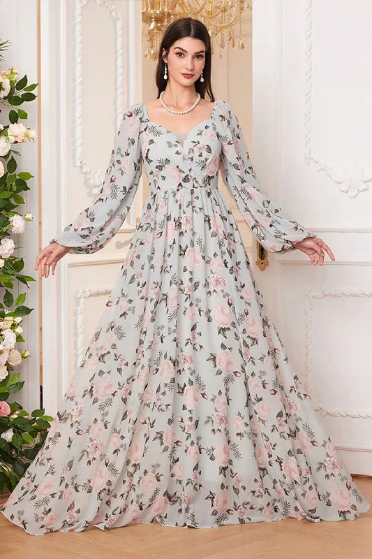 Modern Dresses for Trendy -A Line Green Floral Printed Long Sleeves Long Prom Dress