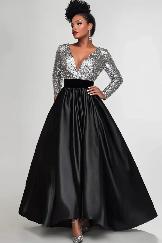 Polyester Dresses for Durable -Sparkly Black Silver A-Line Long Sleeves Sequins Top Long Mother of the Bride Dress