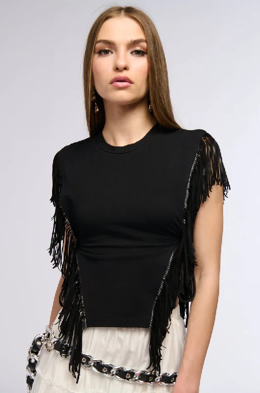 Tall Blouses for Long Body -GRUNGE GIRL FAUX LEATHER FRINGE TSHIRT