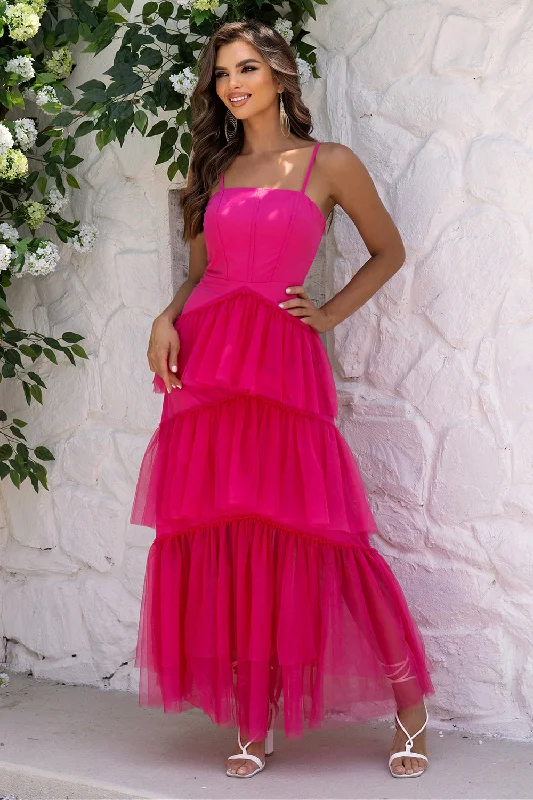 Cocktail Dresses for Party Time -Fuchsia Spaghetti Straps A-Line Tulle Tiered Long Corset Formal Dress