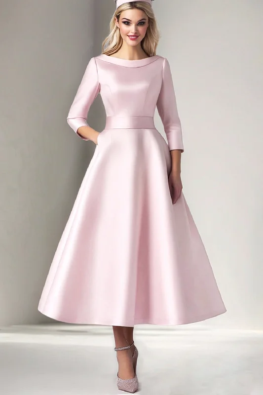 Faux Leather Dresses for Affordable -Pink Satin A Line Tea Length Mother of the Bride Dress