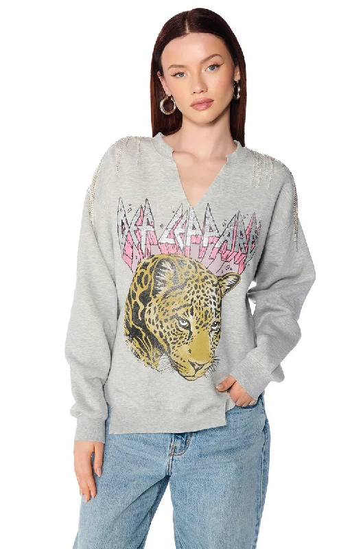 Polo Shirts for Sporty Look -DEF LEPPARD RHINESTONE FRINGE TRIM SWEATSHIRT